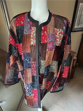Vintage Sam Hilu Patchwork Quilted Jacket Velvet Floral Boho Art to Wear L /XL